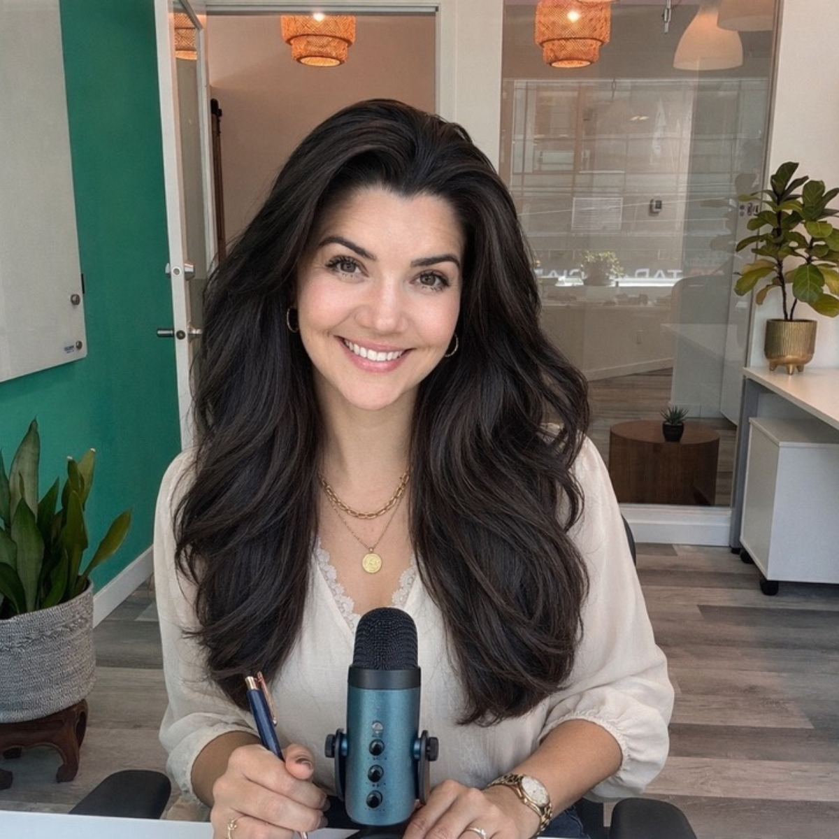 Rachel Dias recording The Driven Career Podcast